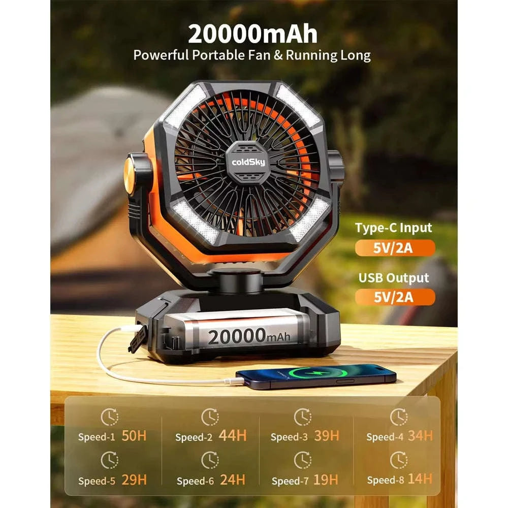 20000mAh Camping Fan with LED Lantern, Remote, 8 Speeds-Orange / Germany