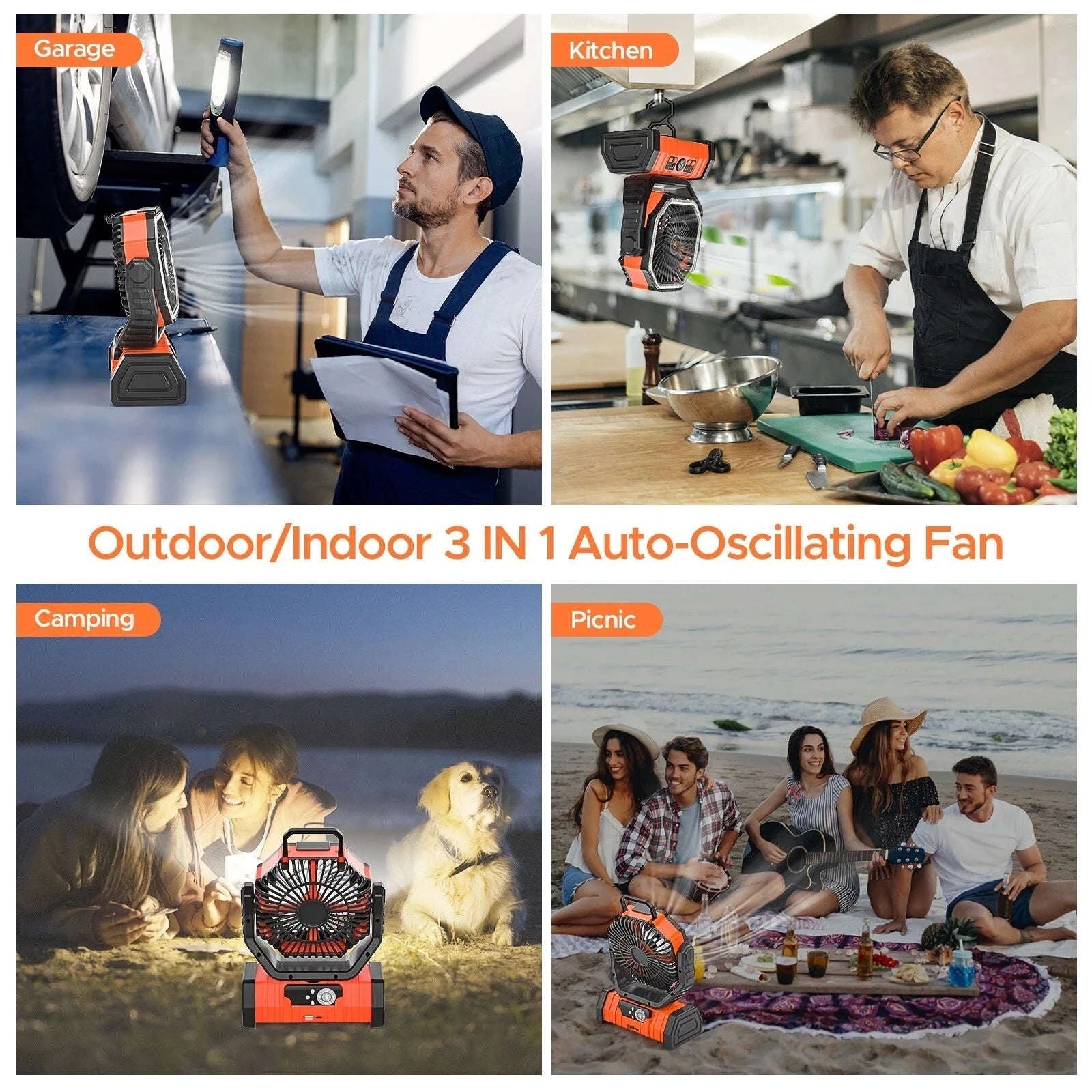 20000mAh Camping Fan with LED Light and Hanging Hook-Orange / United States