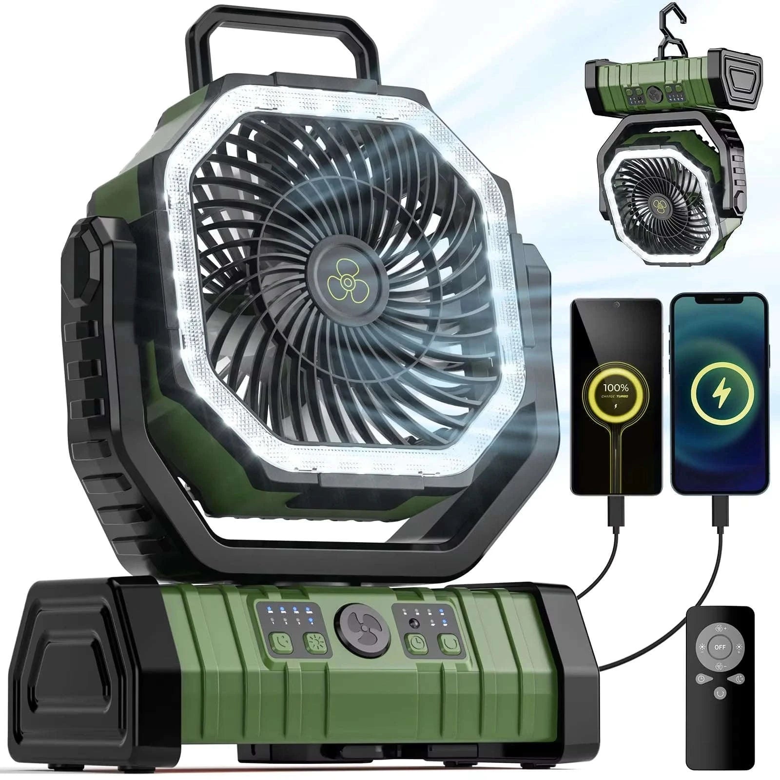 20000mAh Camping Fan with LED Light and Hanging Hook-Orange / United States