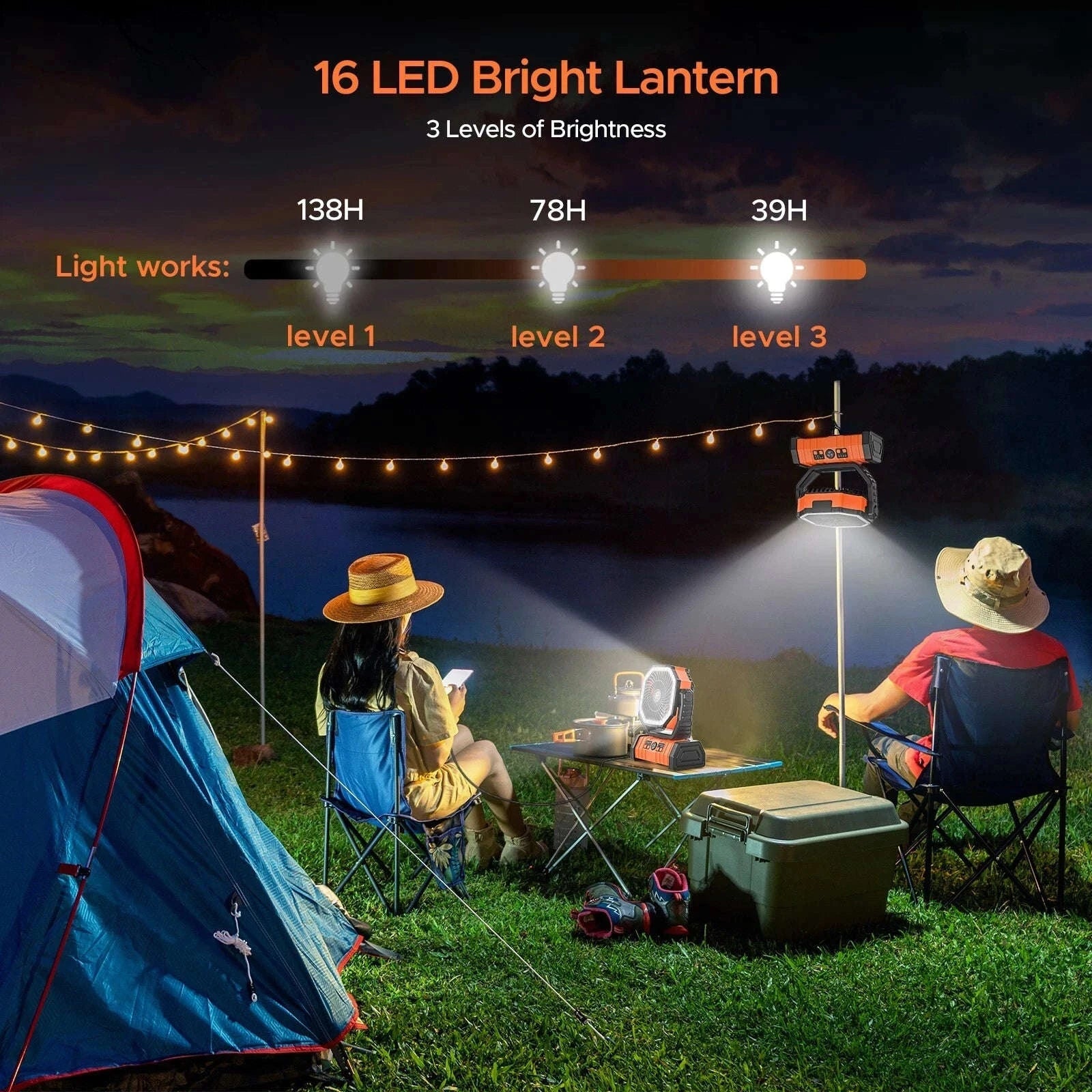 20000mAh Camping Fan with LED Light and Hanging Hook-Orange / United States