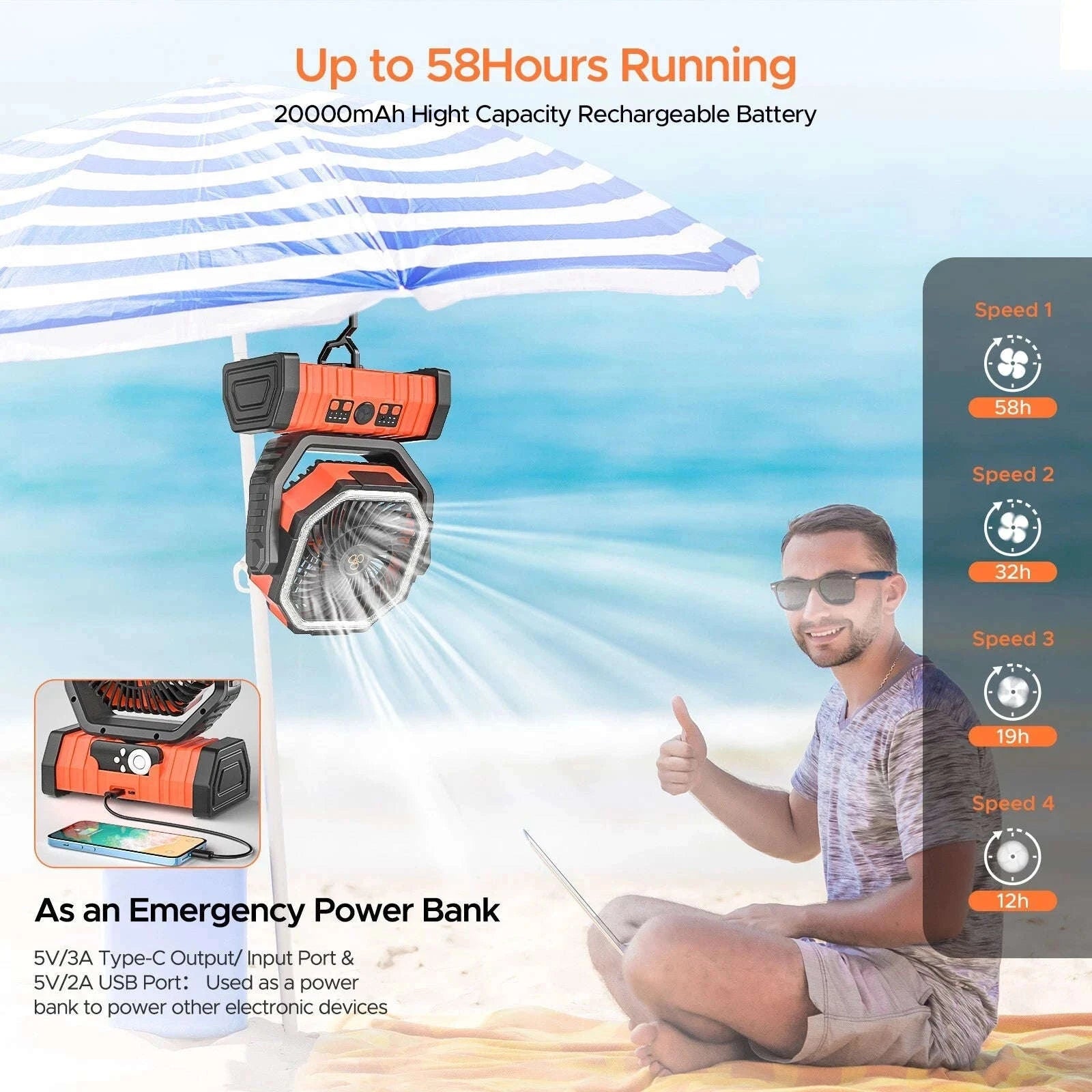 20000mAh Camping Fan with LED Light and Hanging Hook-Orange / United States