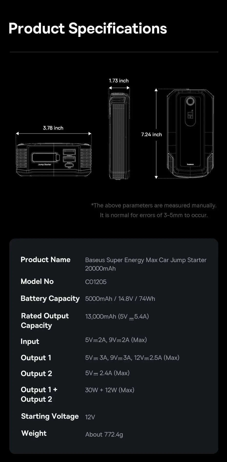 20000mAh Car Jump Starter 8000A Portable 12V Battery Booster-20000mAh