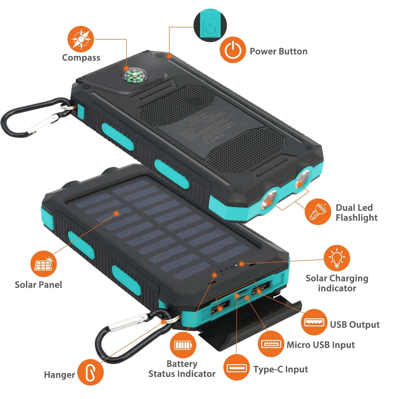 20000mAh Solar Power Bank with Dual USB, LED Light & Compass-Blue Color / United States