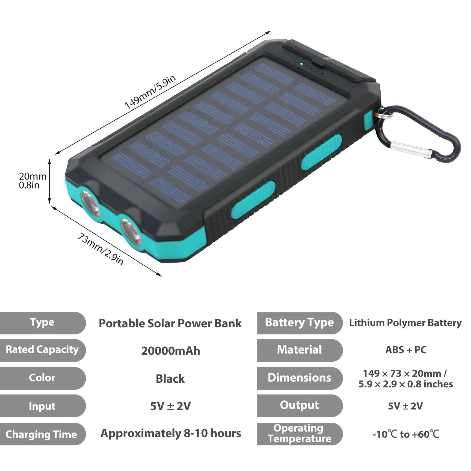 20000mAh Solar Power Bank with Dual USB, LED Light & Compass-Blue Color / United States