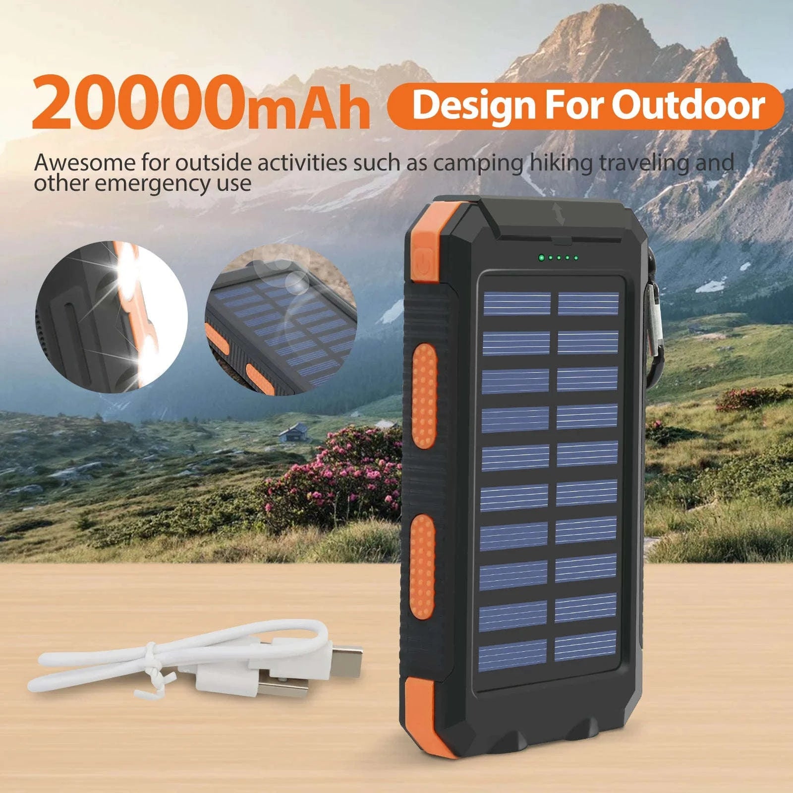 20000mAh Solar Power Bank with Dual USB, LED Light & Compass-Blue Color / United States