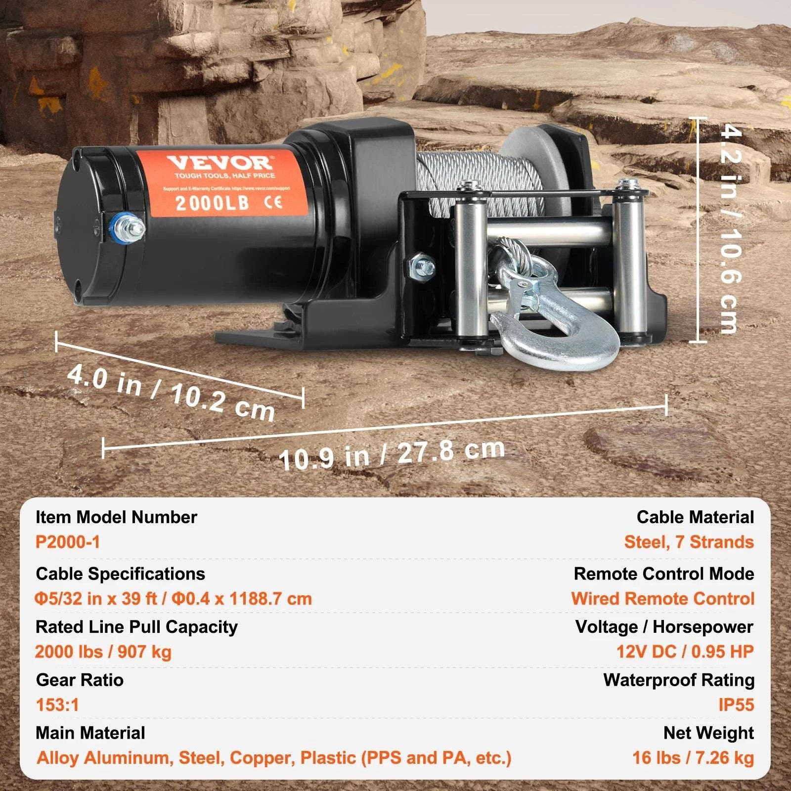 2000lbs Electric ATV Winch with Steel Cable & Wired Remote-2000lbs Wired / CZECH REPUBLIC