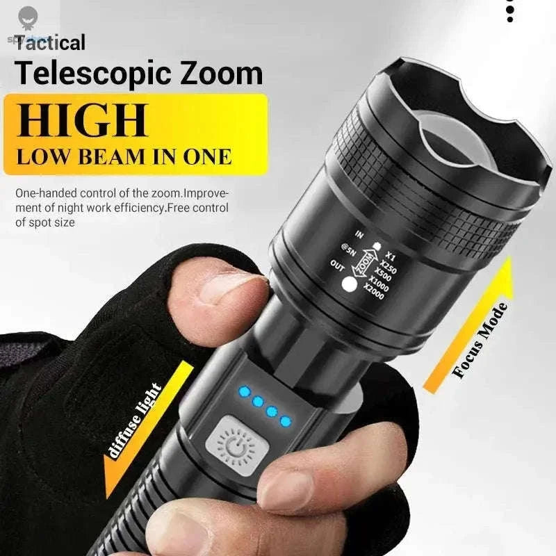 2000LM Rechargeable LED Flashlight with Zoom for Outdoors-with EU Plug / black / ZOOM|Built in battery