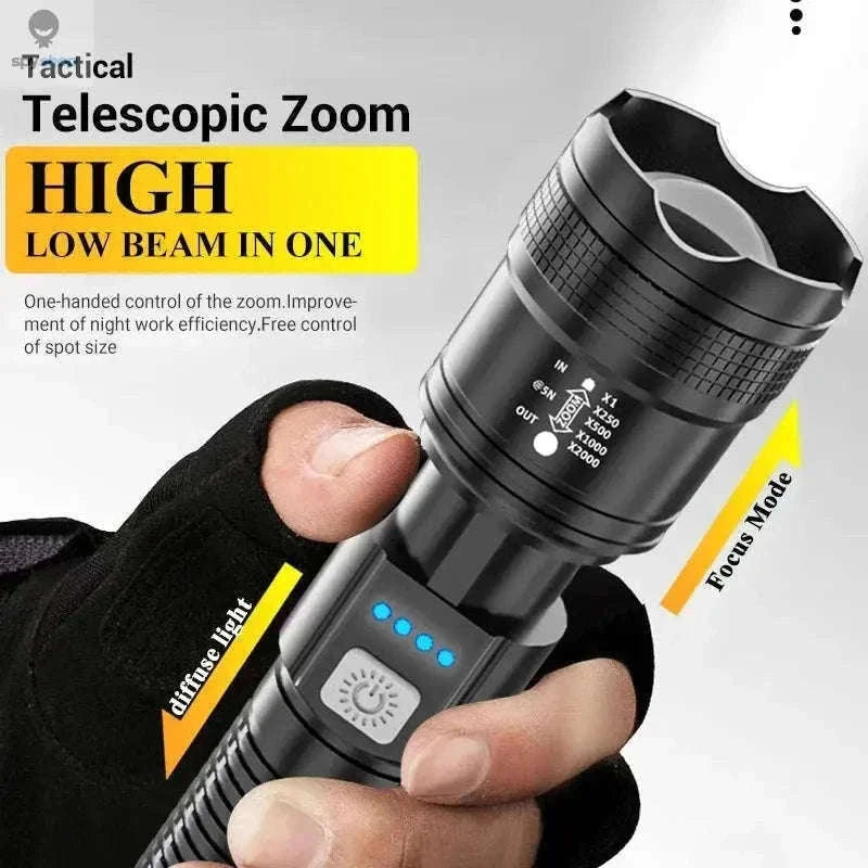 2000LM Rechargeable LED Flashlight with Zoom for Outdoors-with EU Plug / black / ZOOM|Built in battery