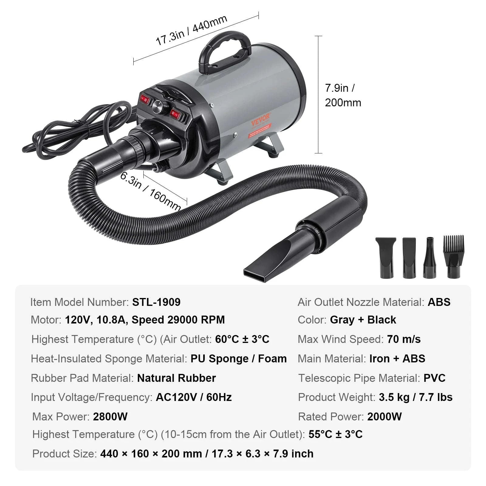 2000W/2.7HP Dog Blow Dryer with Adjustable Speed-Gray / CZECH REPUBLIC