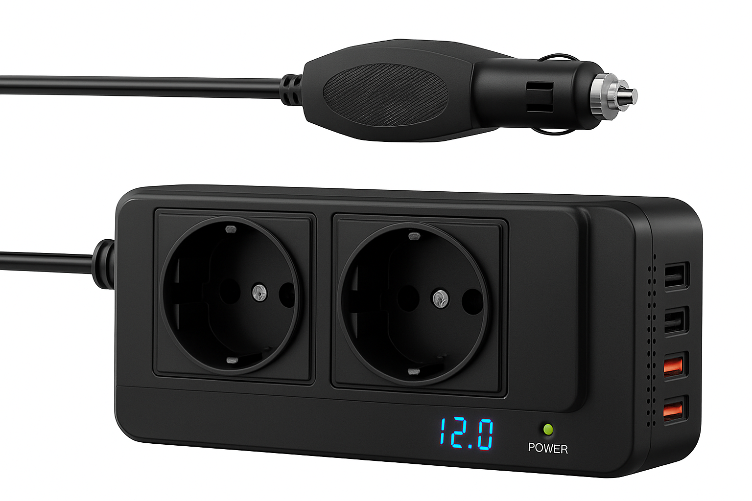 Inversor de Corrente para Carro 200W 12V para 220V com 2 Tomadas e 4 Portas USB