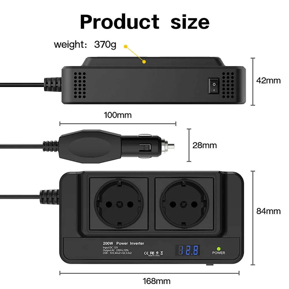 200W Vehicle Inverter 12V DC to 220V AC with 2 Outlets and 4 USB Ports-Universal-socket