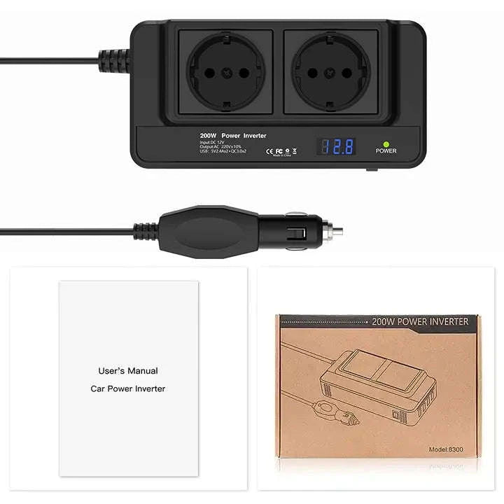 200W Vehicle Inverter 12V DC to 220V AC with 2 Outlets and 4 USB Ports-Universal-socket