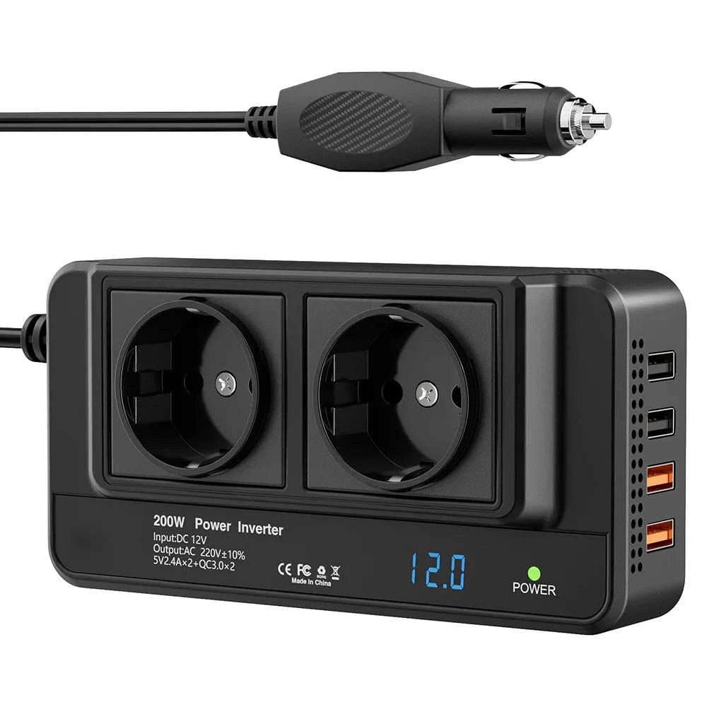 200W Vehicle Inverter 12V DC to 220V AC with 2 Outlets and 4 USB Ports-Universal-socket