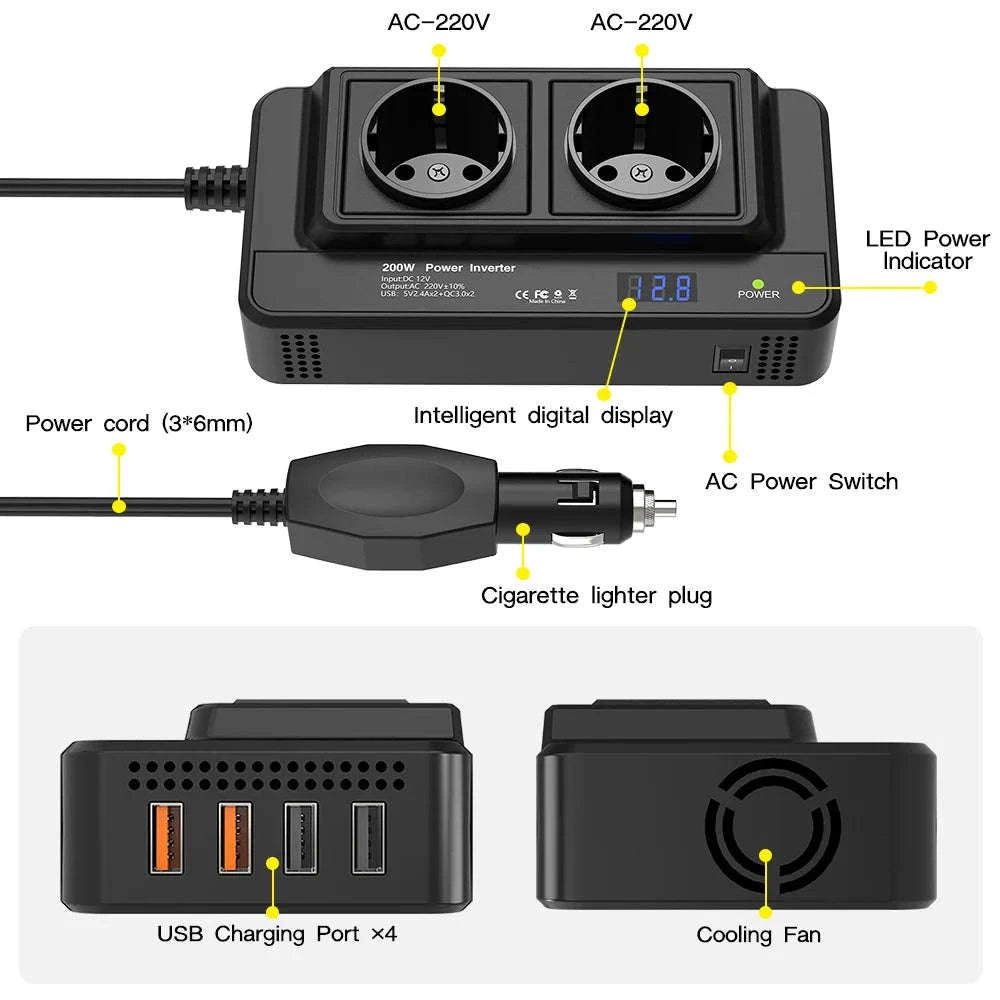 200W Vehicle Inverter 12V DC to 220V AC with 2 Outlets and 4 USB Ports-Universal-socket