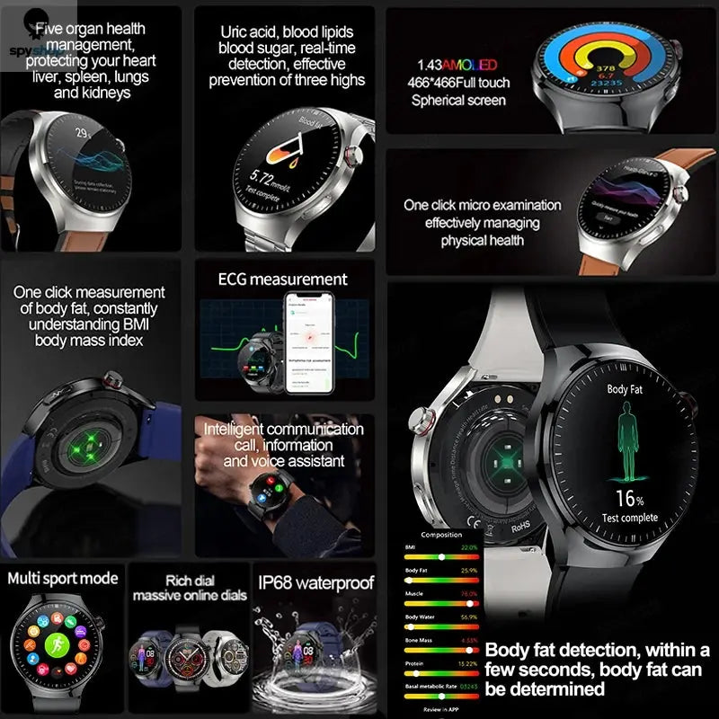 2024 New Medical Grade Smart Watch Blood Sugar Blood Lipid Uric Acid ECG+PPG Body Temperature Bluetooth Call Health Smartwatch Spy-shop.com