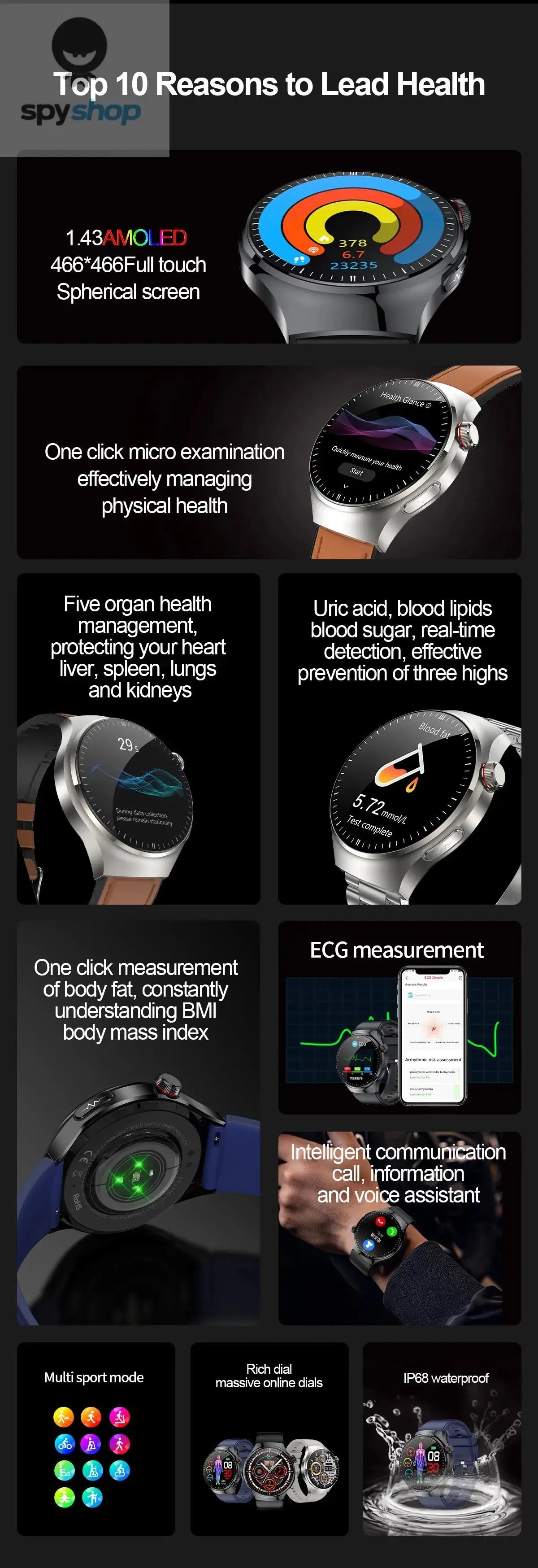 2024 New Medical Grade Smart Watch Blood Sugar Blood Lipid Uric Acid ECG+PPG Body Temperature Bluetooth Call Health Smartwatch Spy-shop.com