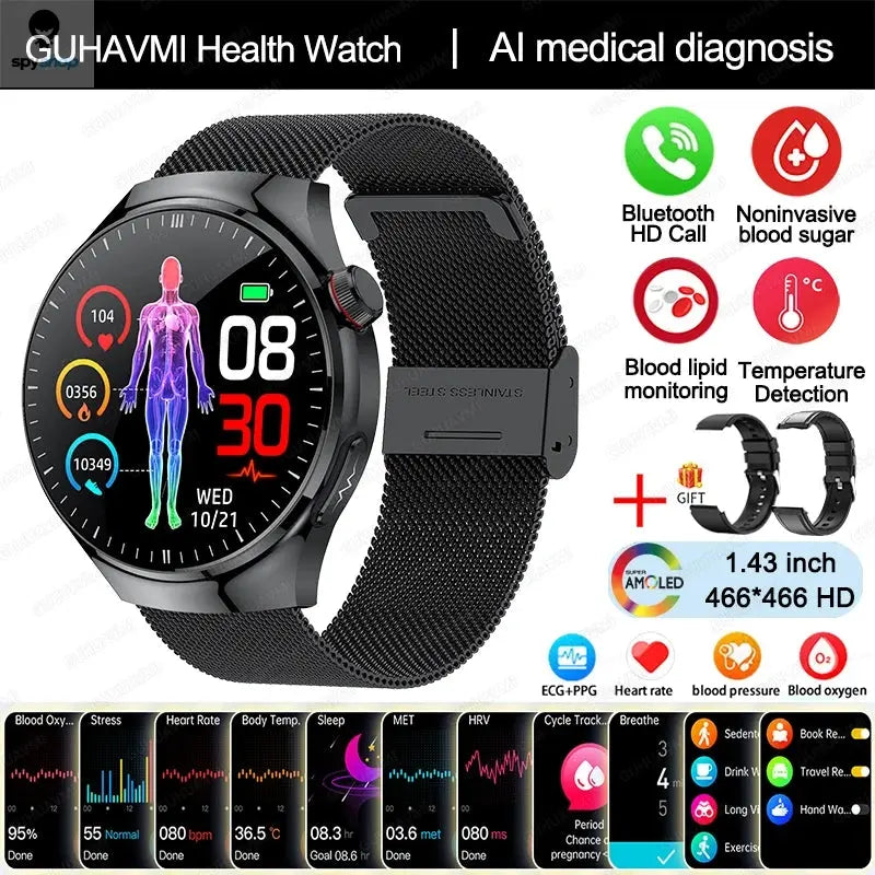 2024 New Medical Grade Smart Watch Blood Sugar Blood Lipid Uric Acid ECG+PPG Body Temperature Bluetooth Call Health Smartwatch Spy-shop.com