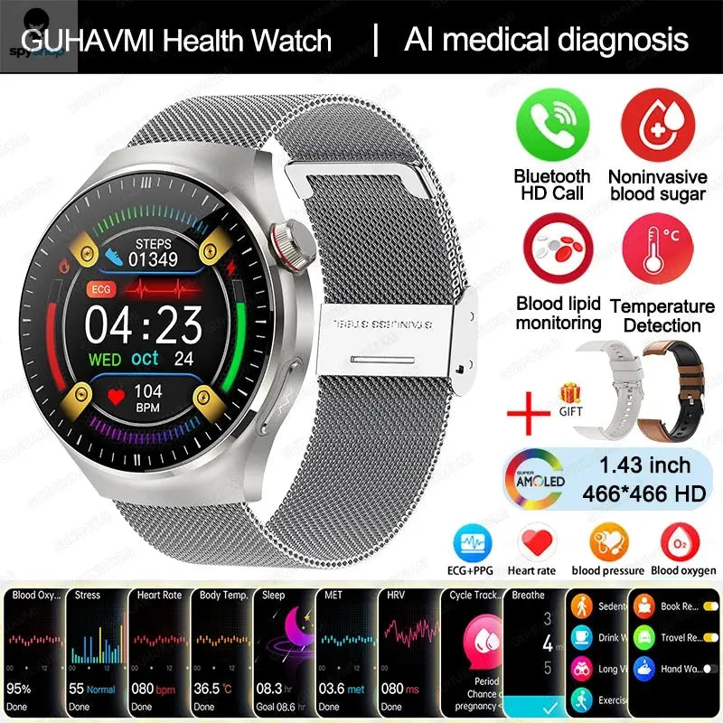 2024 New Medical Grade Smart Watch Blood Sugar Blood Lipid Uric Acid ECG+PPG Body Temperature Bluetooth Call Health Smartwatch Spy-shop.com