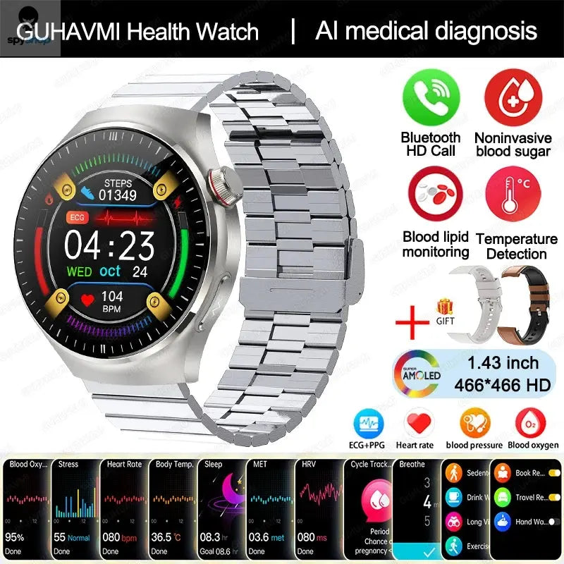 2024 New Medical Grade Smart Watch Blood Sugar Blood Lipid Uric Acid ECG+PPG Body Temperature Bluetooth Call Health Smartwatch Spy-shop.com
