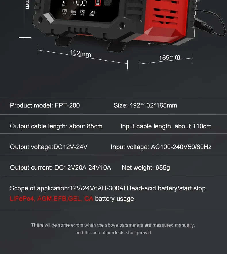 20A/10A Smart Car & Motorcycle Battery Charger 12V/24V-20A 10A red