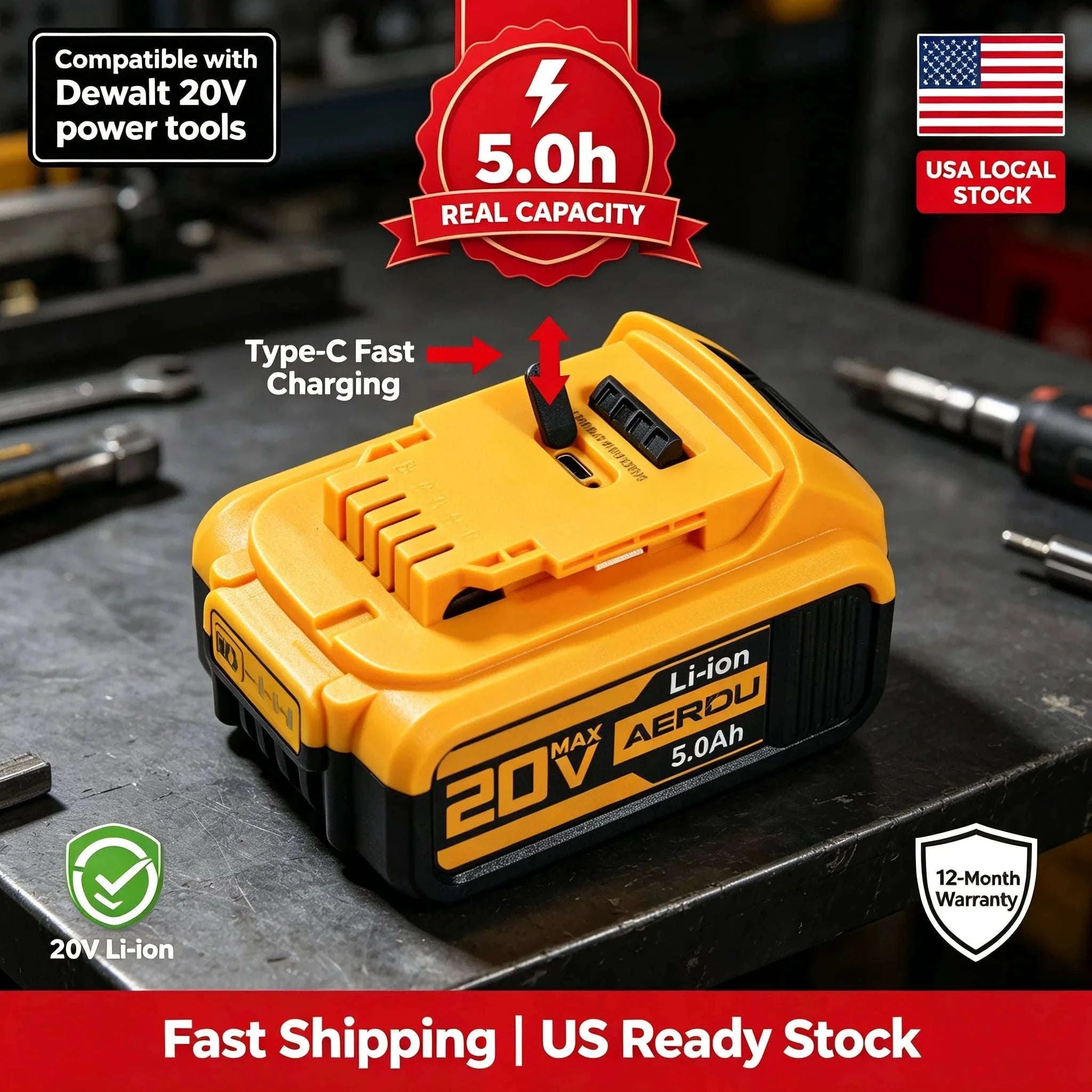 20V 5.0Ah Li-ion Battery with Type-C Charging for 20V Power Tools-PURPLE / United States