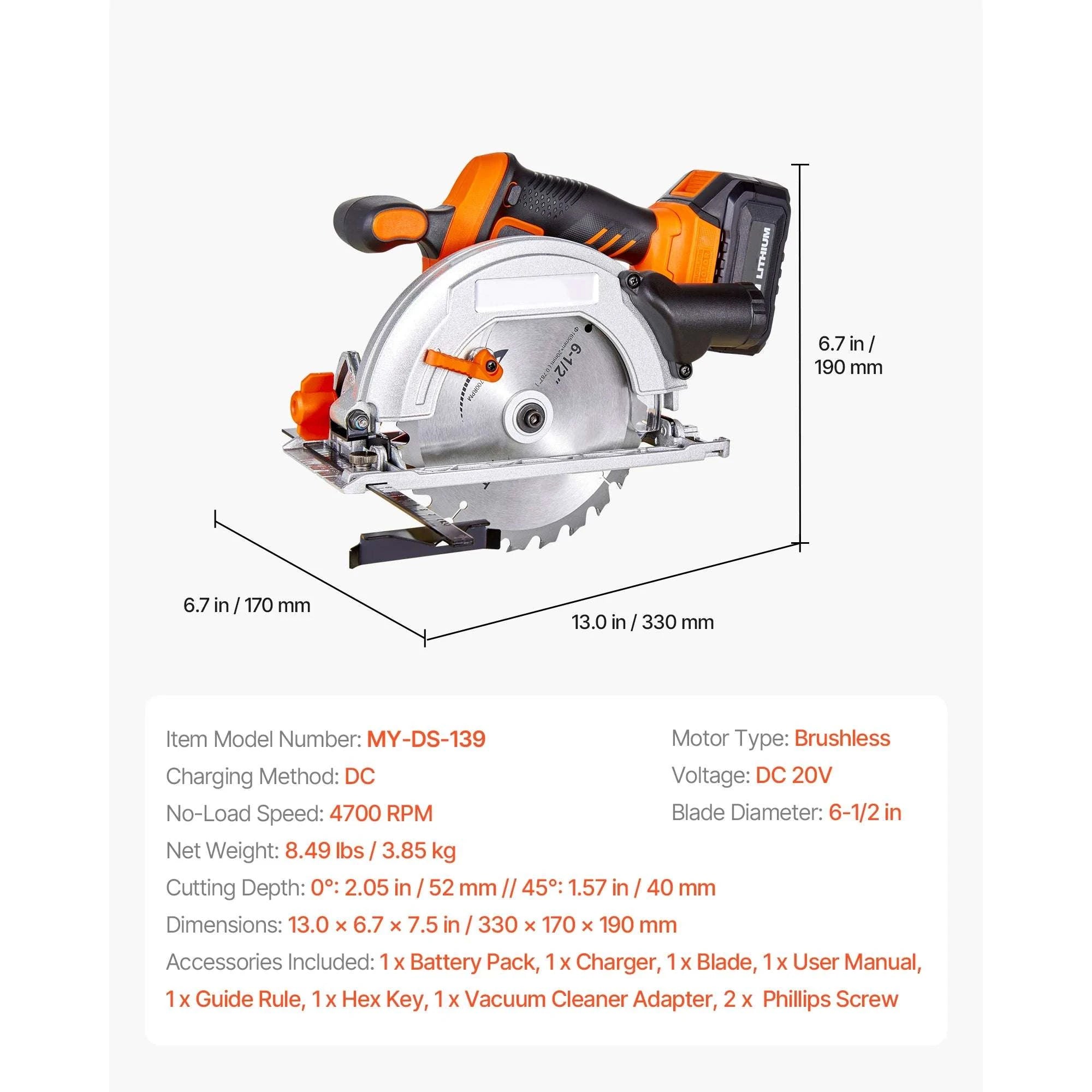 20V Cordless Circular Saw 4700 RPM 6-1/2" Blade with Battery-20V / United States