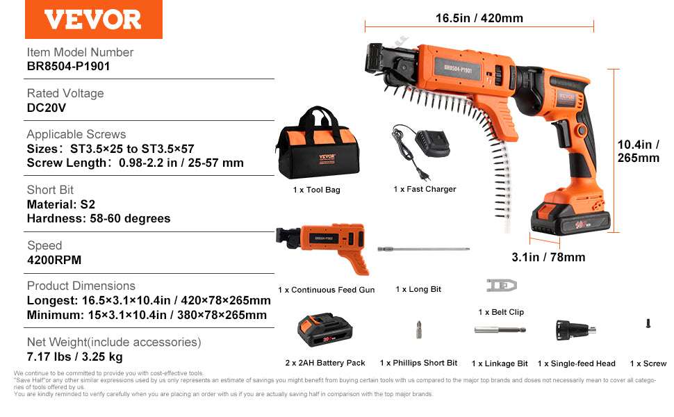 20V Cordless Drywall Screw Gun Kit 4200RPM Brushless with LED-Single Shot / United States