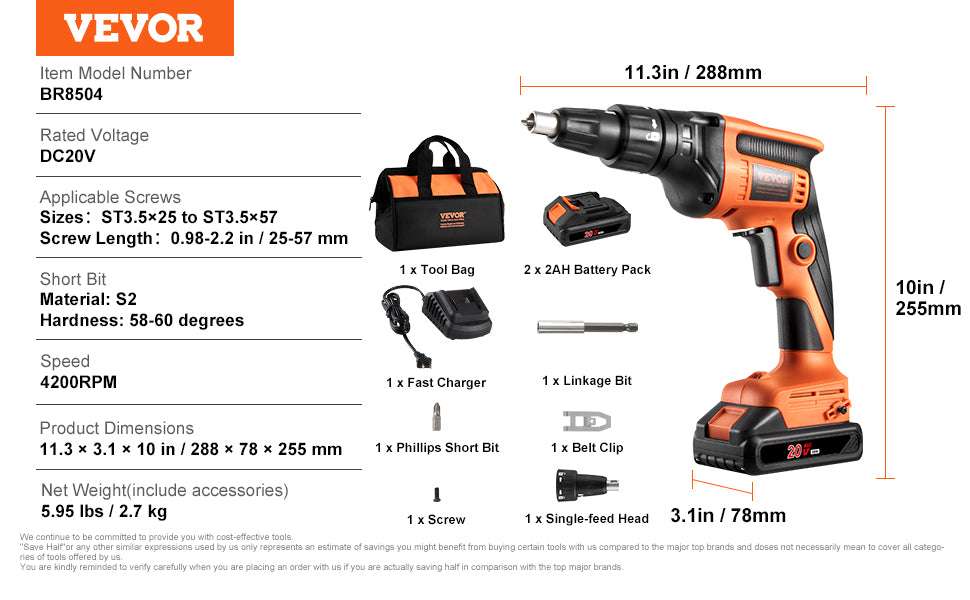 20V Cordless Drywall Screw Gun Kit 4200RPM Brushless with LED-Single Shot / United States