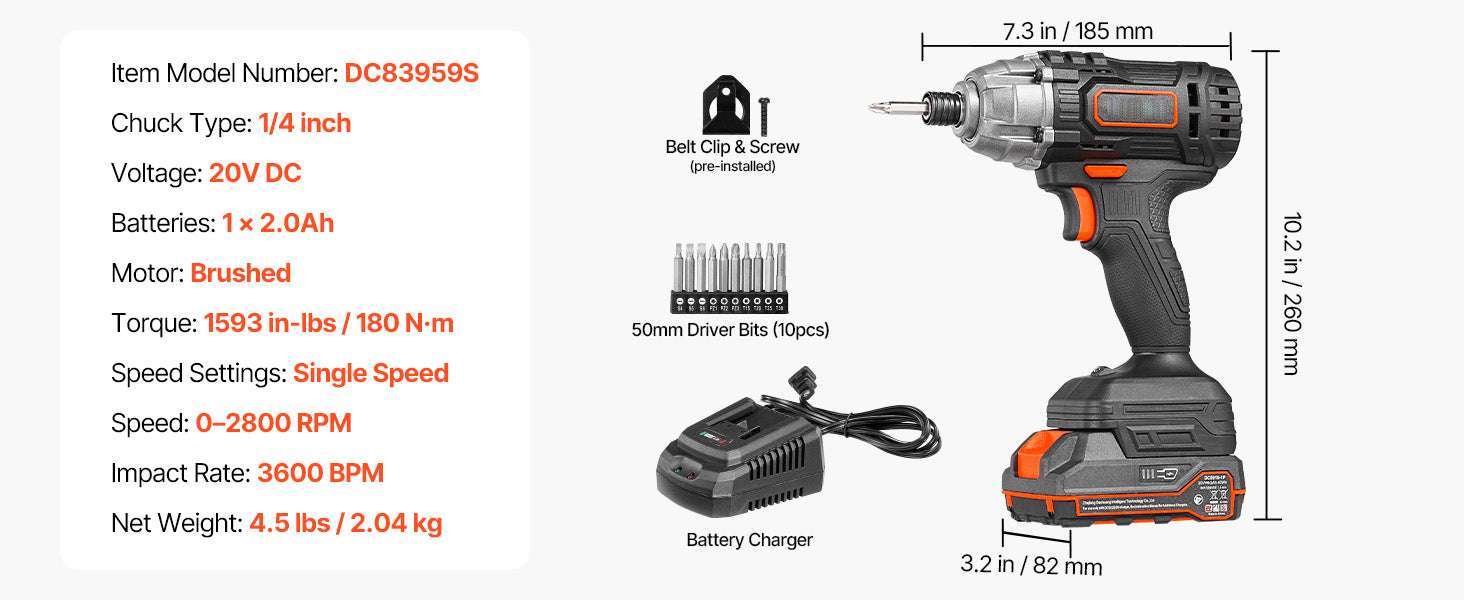 20V Cordless Impact Driver 2800 RPM with Battery, Bits & LED Light-20V 180N.m / United States