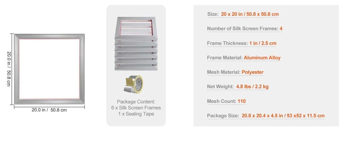 20x20in Aluminum Screen Printing Frame Kit with 110 Mesh Set-spain