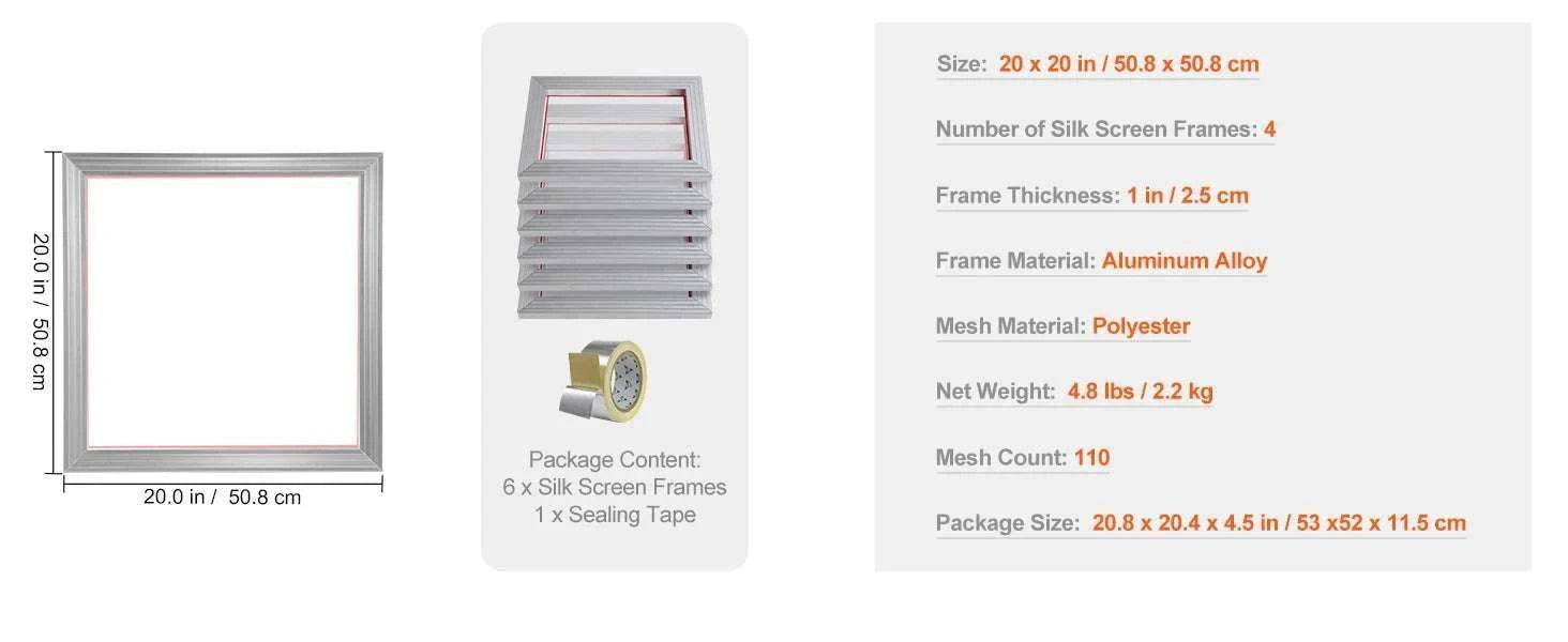 20x20in Aluminum Screen Printing Frame Kit with 110 Mesh Set-spain