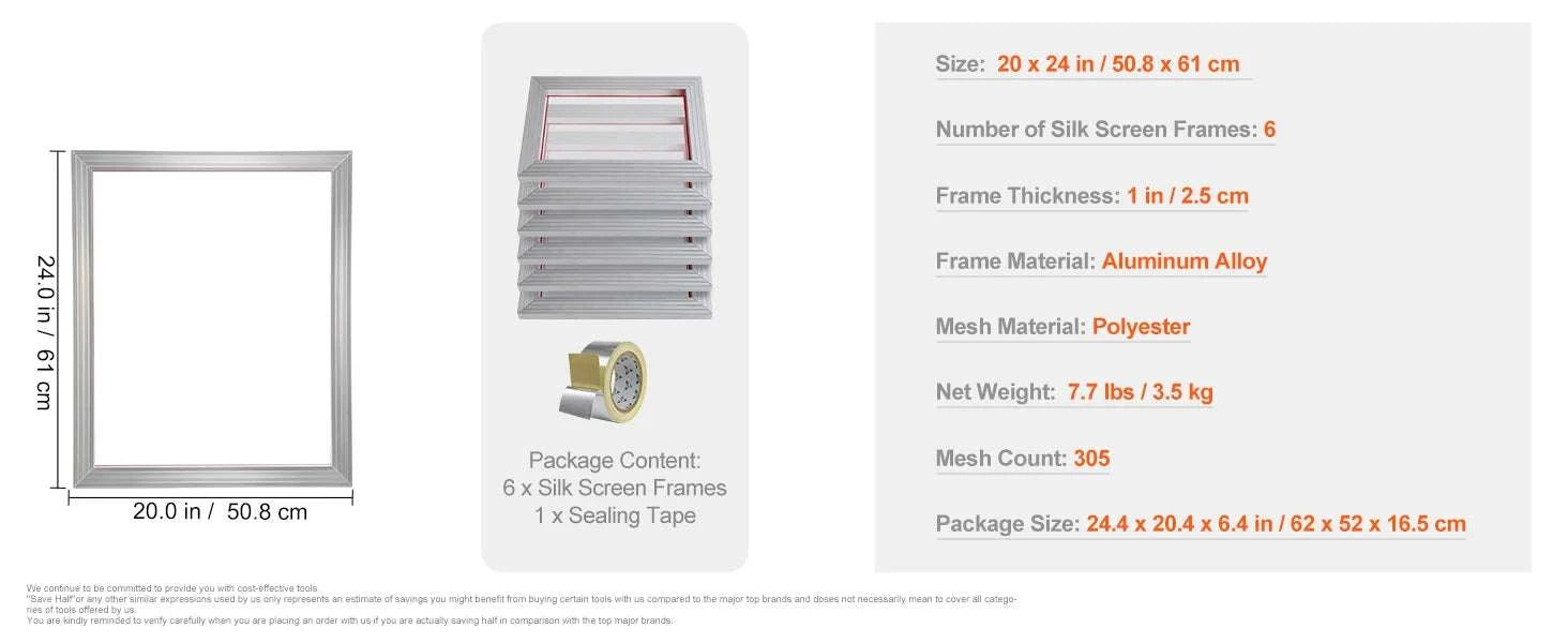 20x24 Inch Aluminum Screen Printing Frame with 305 Mesh Nylon-6 PCS 160 Mesh / United States