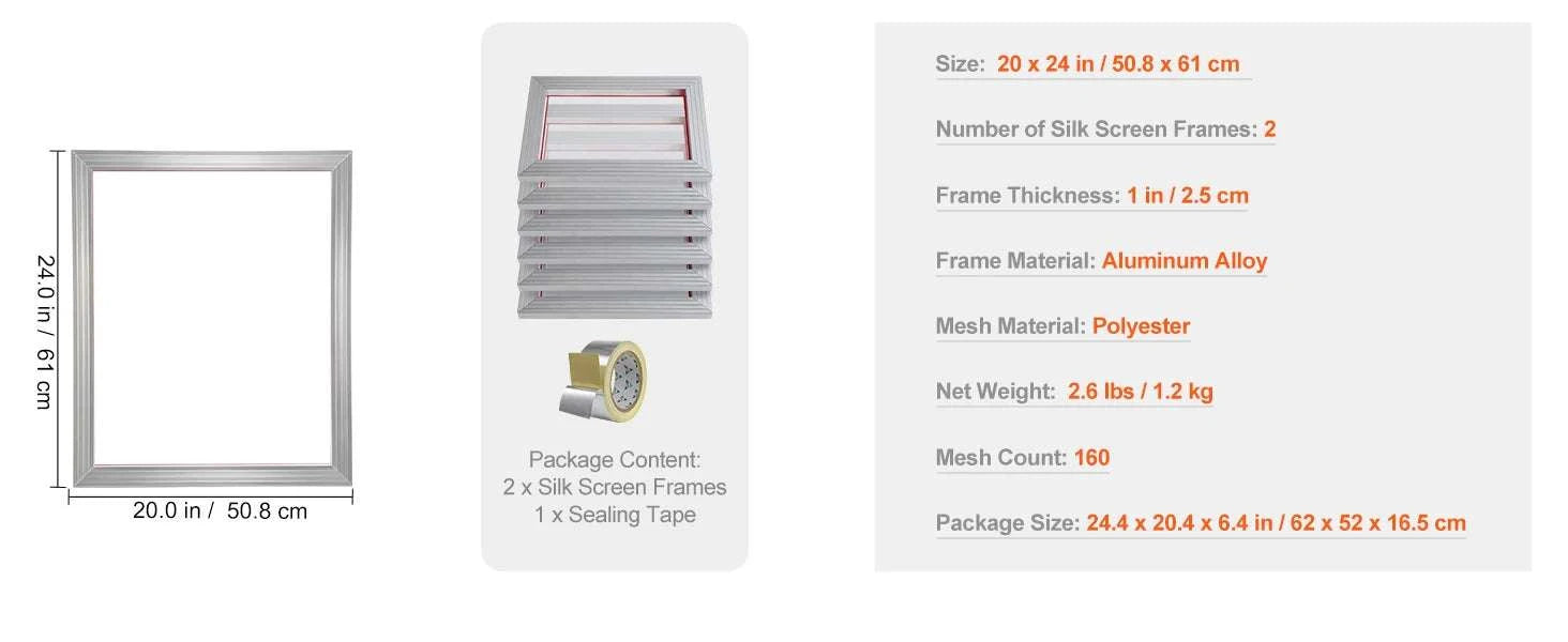 20x24 Inch Aluminum Screen Printing Frame with 305 Mesh Nylon-6 PCS 160 Mesh / United States