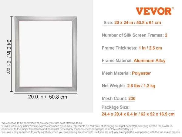 20x24 Inch Aluminum Screen Printing Frame with 305 Mesh Nylon-6 PCS 160 Mesh / United States