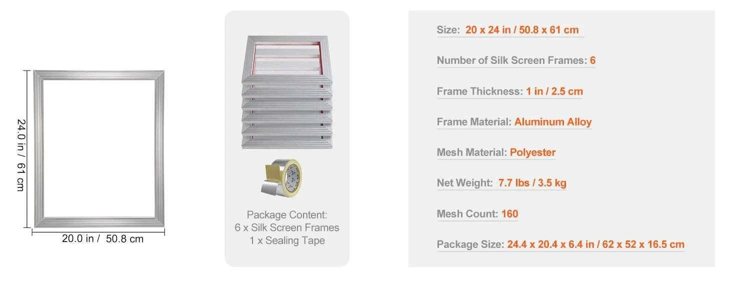20x24 Inch Aluminum Screen Printing Frame with 305 Mesh Nylon-6 PCS 160 Mesh / United States