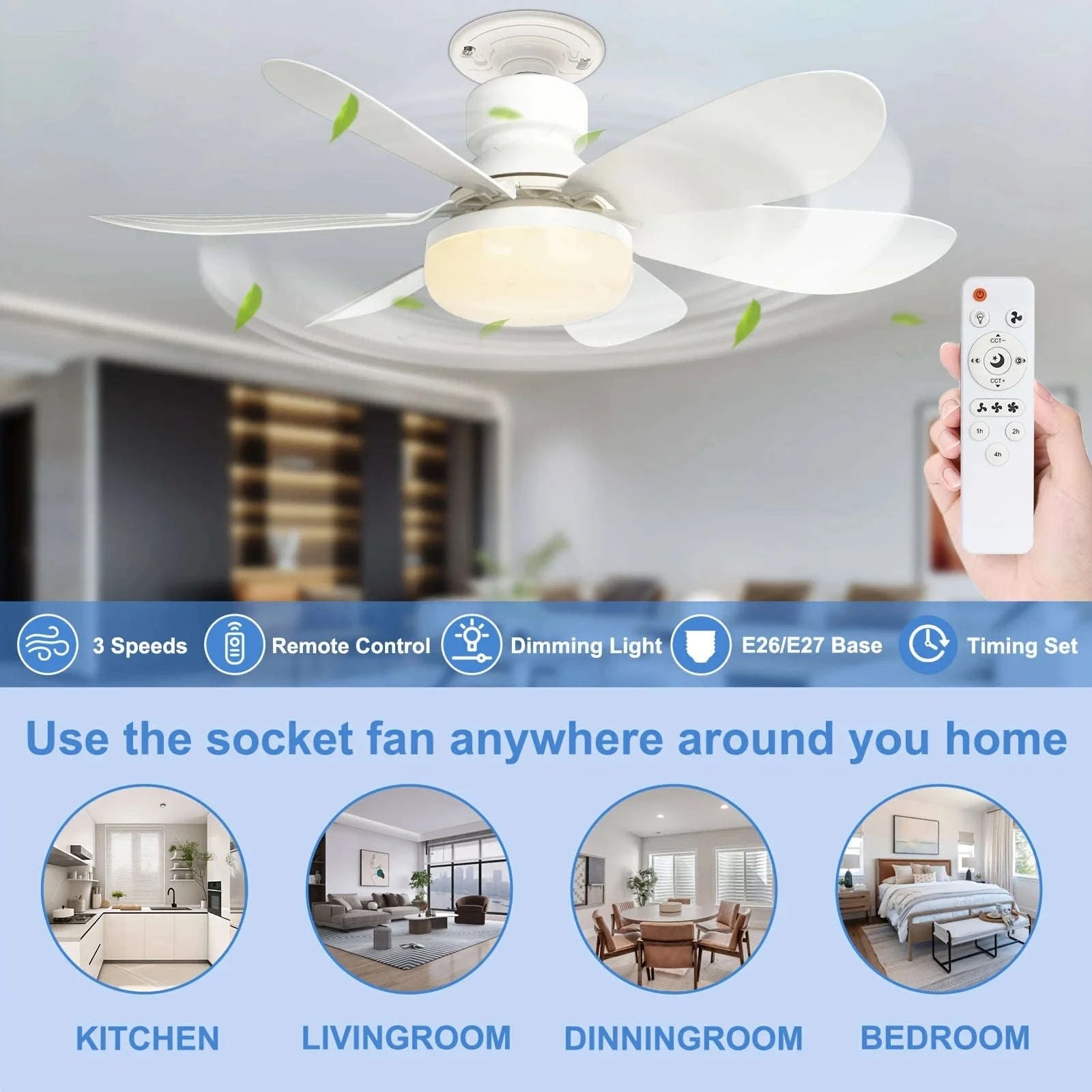21.5" Socket Ceiling Fan Light with Remote, E27 LED Dimmable Fan-Fan Light-Color / 85-265V