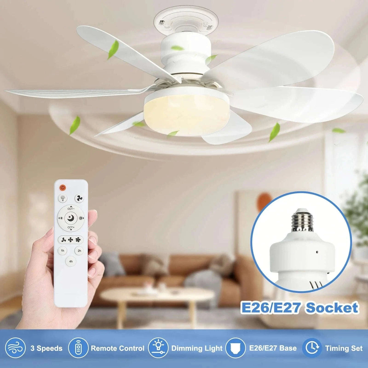 21.5" Socket Ceiling Fan Light with Remote, E27 LED Dimmable Fan-Fan Light-Color / 85-265V