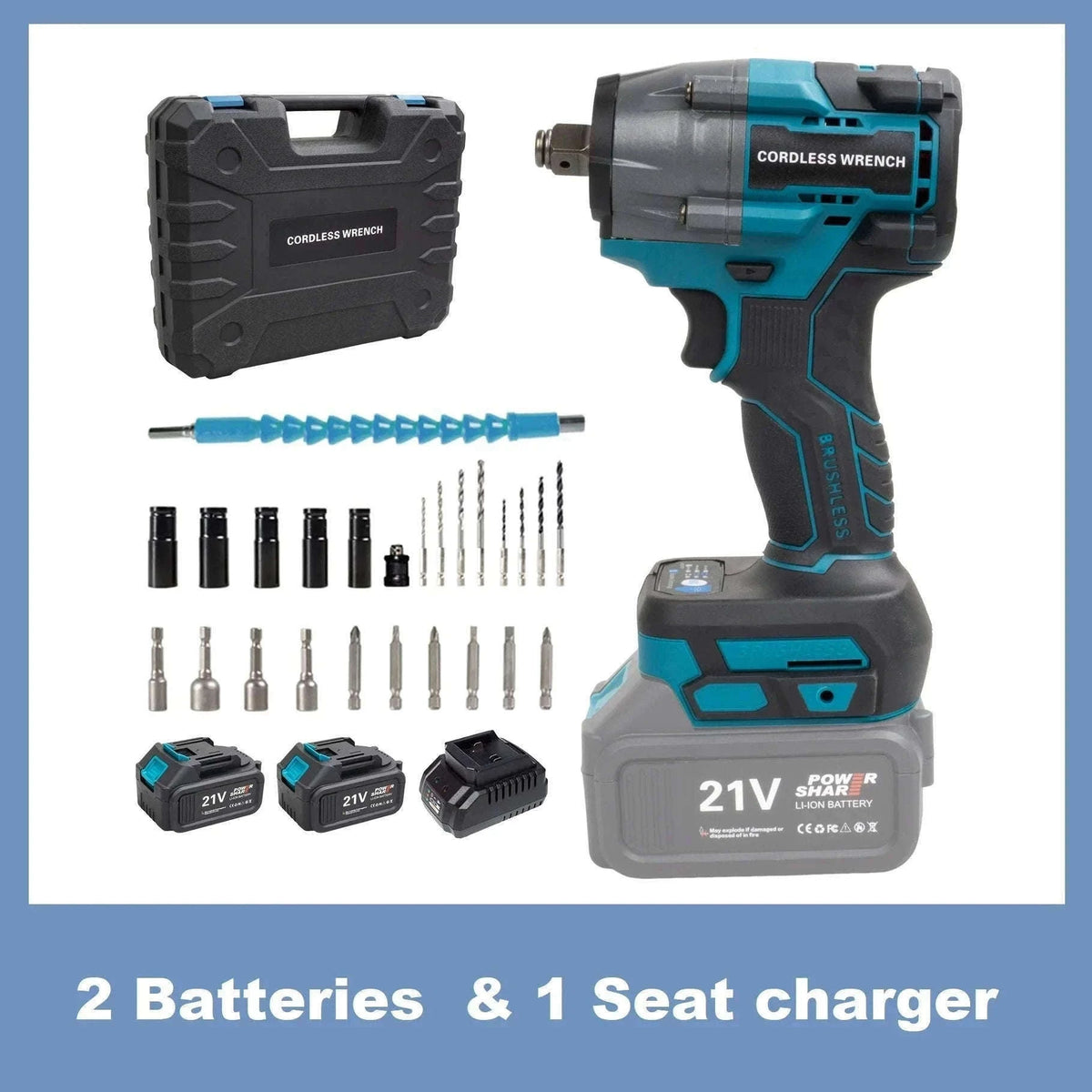 21V Brushless Cordless Impact Wrench 480Nm 2-in-1 Drill Driver Kit-Blue TypeA / france / EU