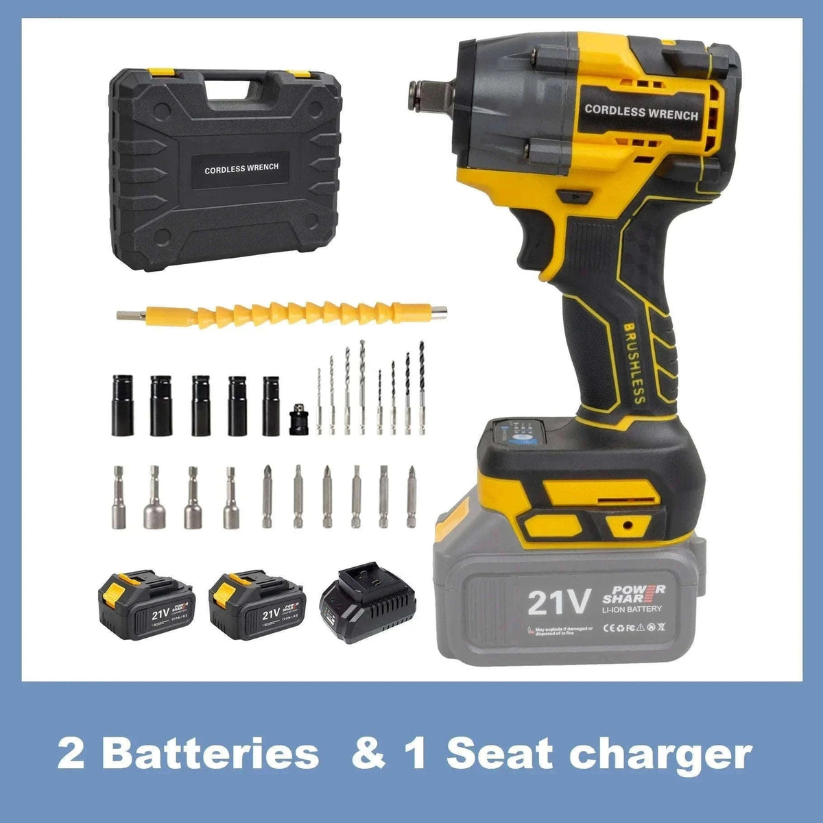 21V Brushless Cordless Impact Wrench 480Nm 2-in-1 Drill Driver Kit-Blue TypeA / france / EU