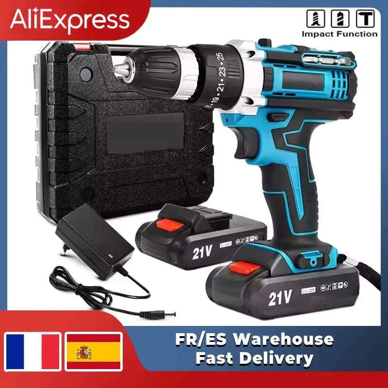 21V Cordless Impact Drill Screwdriver with Brushless Motor-2 Battery / spain