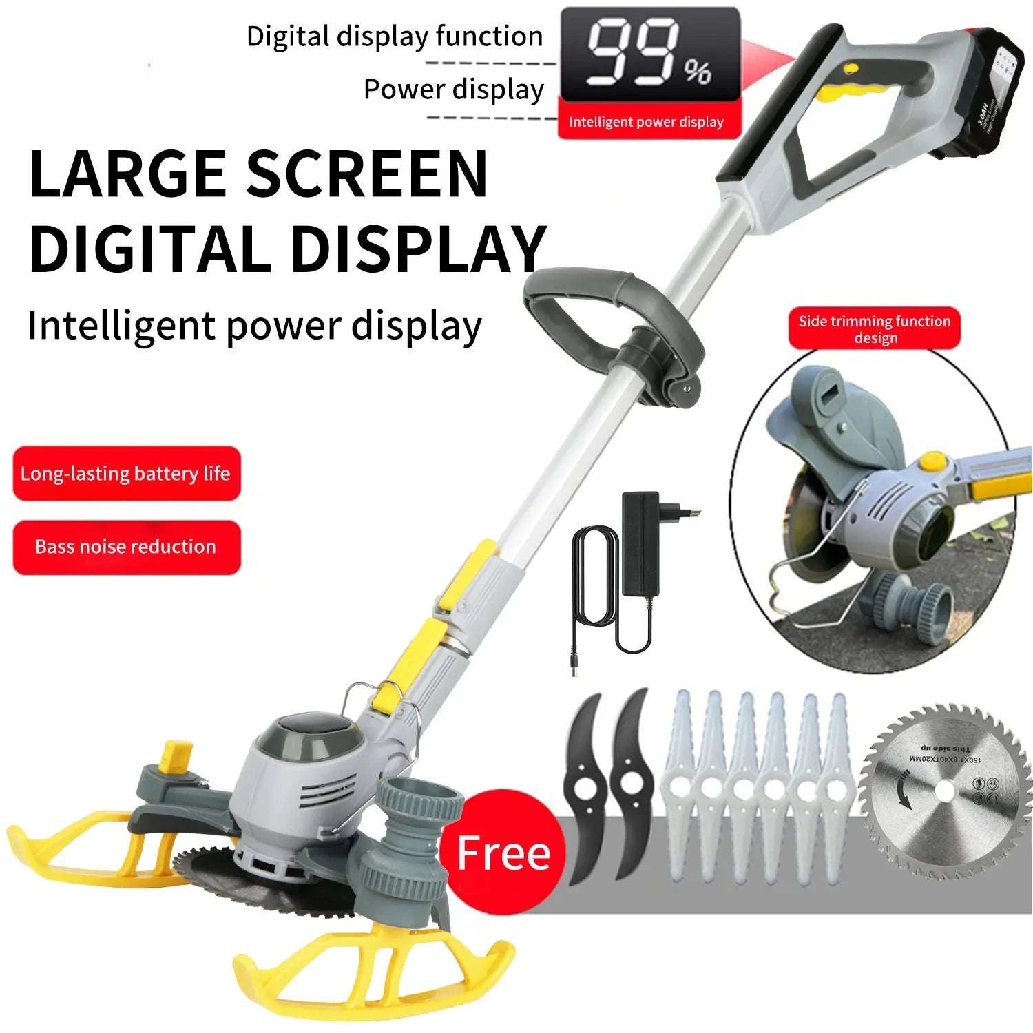 21V Cordless Weed Trimmer with Wheels, LED Display & 3 Blades-2 pcs batteries / france