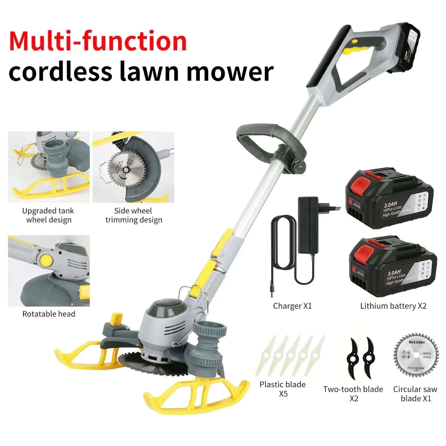 21V Cordless Weed Trimmer with Wheels, LED Display & 3 Blades-2 pcs batteries / france