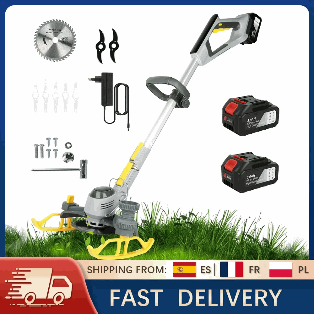 21V Cordless Weed Trimmer with Wheels, LED Display & 3 Blades-2 pcs batteries / france