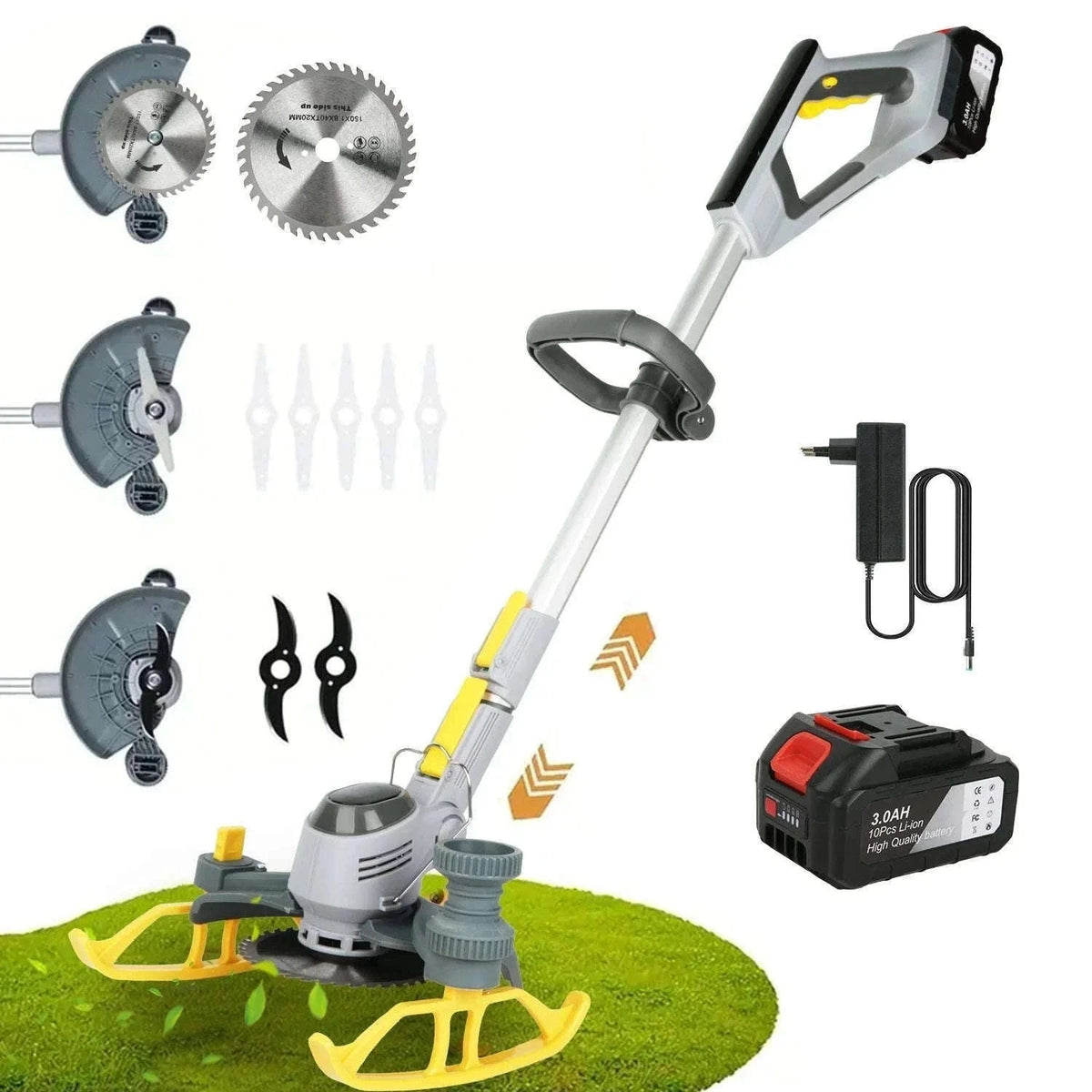21V Cordless Weed Trimmer with Wheels, LED Display & 3 Blades-2 pcs batteries / france