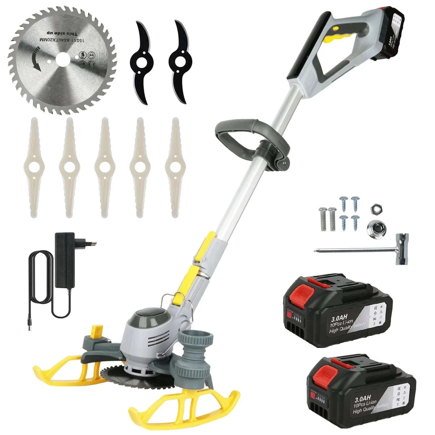21V Cordless Weed Trimmer with Wheels, LED Display & 3 Blades-2 pcs batteries / france
