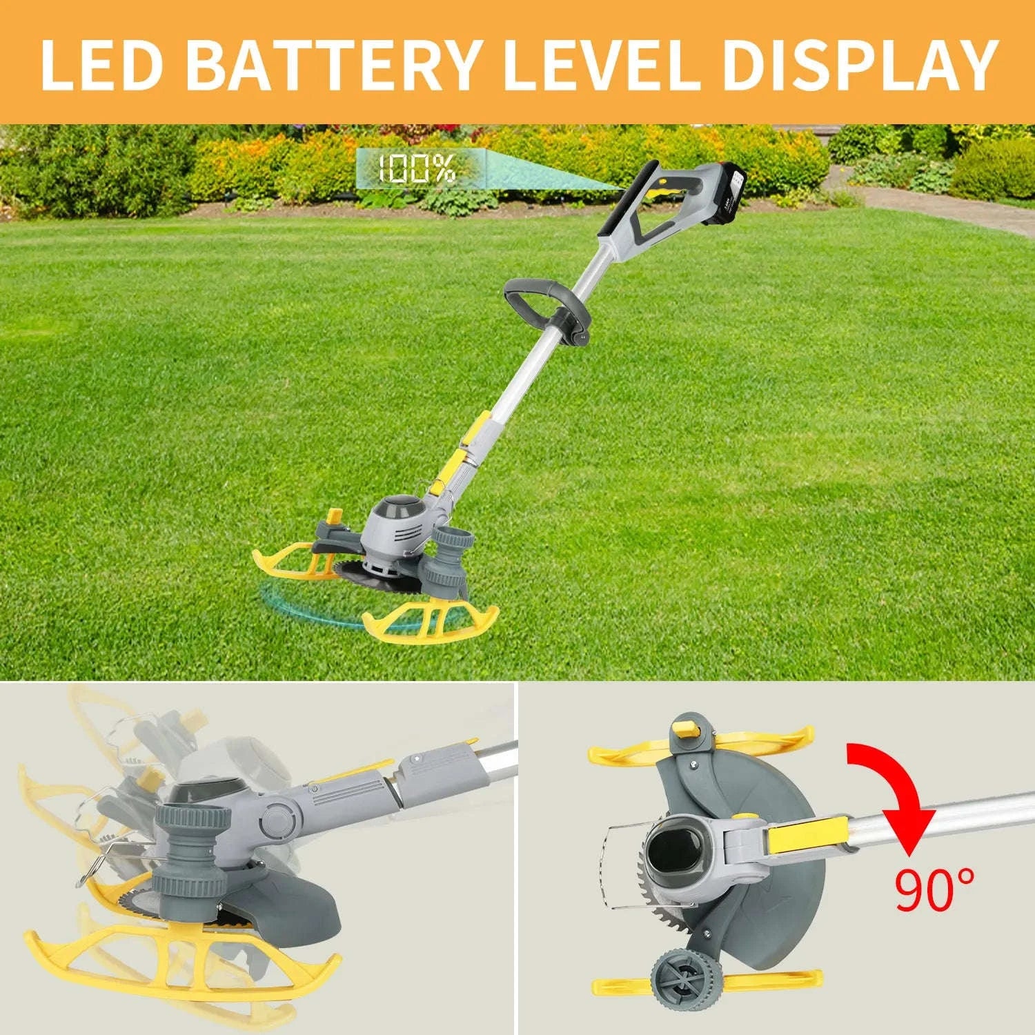 21V Cordless Weed Trimmer with Wheels, LED Display & 3 Blades-2 pcs batteries / france