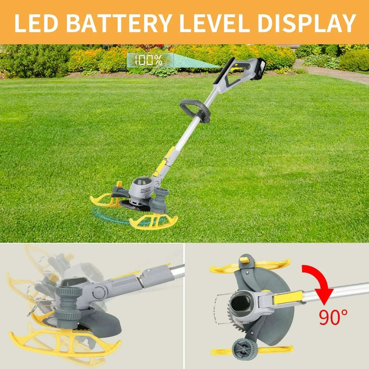 21V Cordless Weed Trimmer with Wheels, LED Display & 3 Blades-2 pcs batteries / france