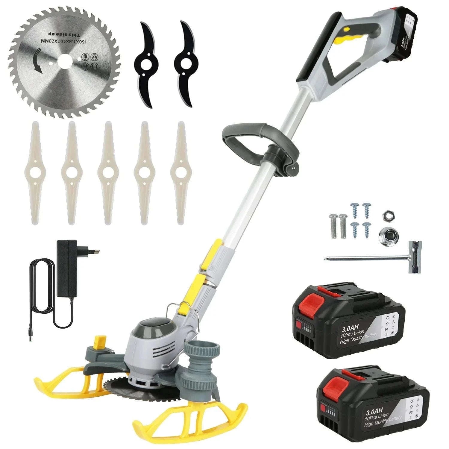 21V Cordless Weed Trimmer with Wheels, LED Display & 3 Blades-2 pcs batteries / france