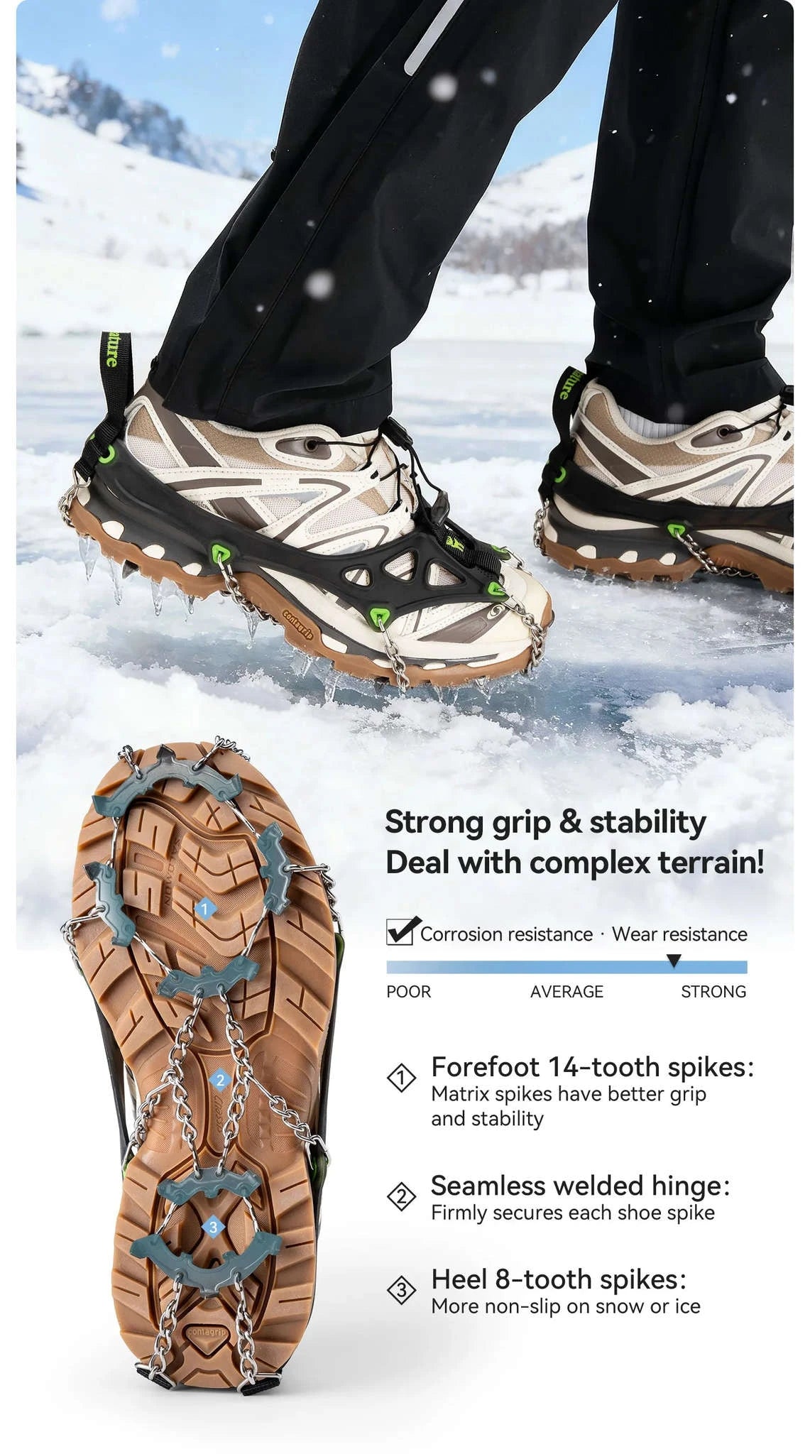 22-Tooth Ice Gripper Crampons for Snow & Winter Traction-L(EUR 39.5-46.5)