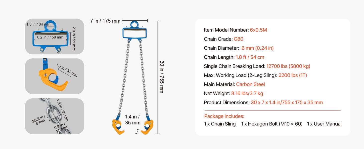 2200 lb Drum Lifting Chain Sling G80 with Security Hook-2200LBS / United States
